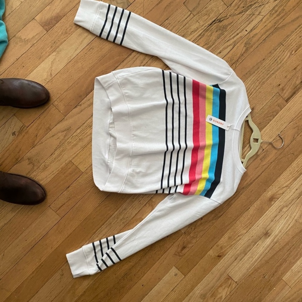 NWT Sundry White Rainbow Stripe Pullover Sweat M
